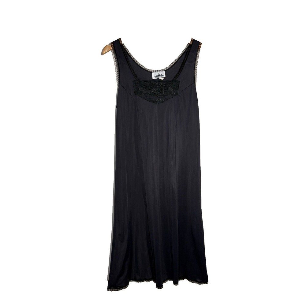 vintage 80s Metropolitan NYC black lace satin nylon slip midi dress USA size M